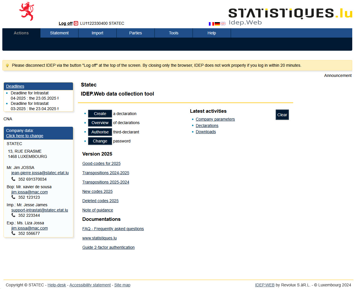 Page principal de Idep.Web