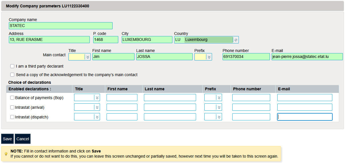 Ecran paramêtres société