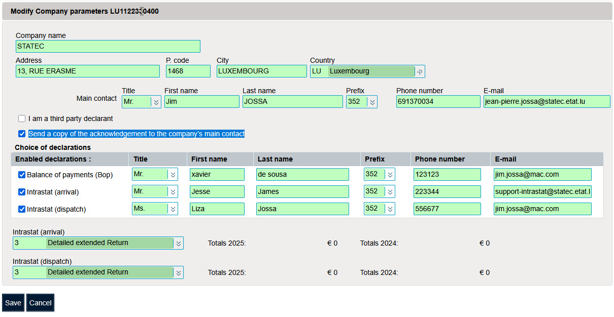 Ecran paramêtres société