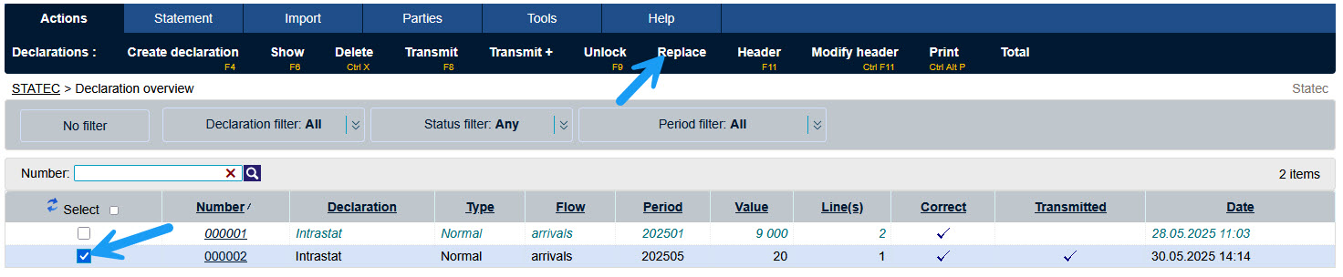 Remplacement d'une déclaration