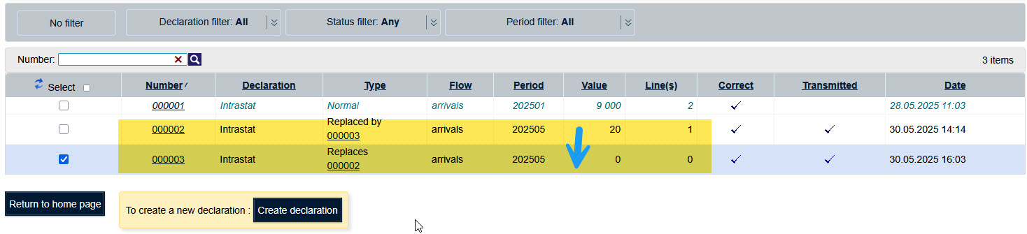 Remplacement d'une déclaration