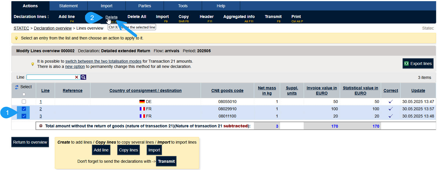Supression des lignes
