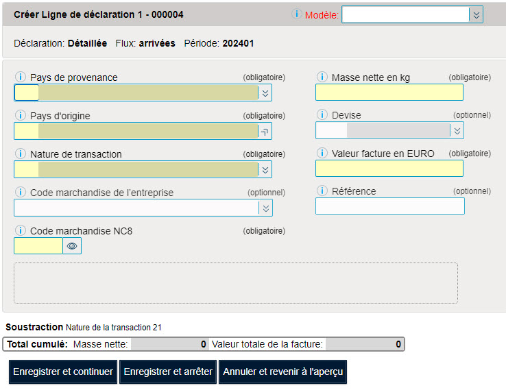 Ecran déclaration détaillée arrivées