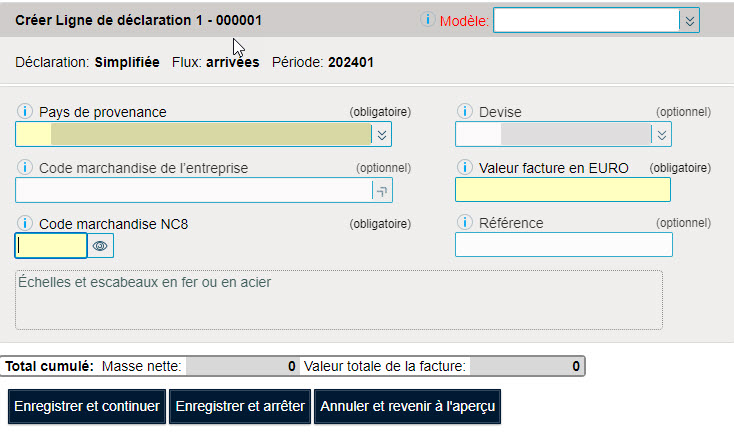 Ecran déclaration simplifiée arrivées