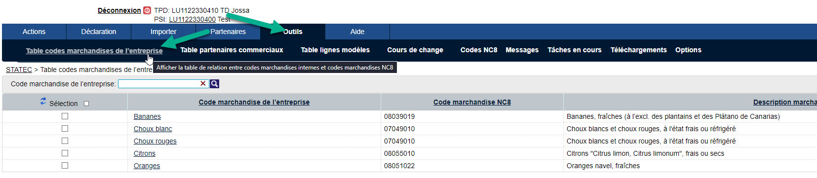 Code marchandise de l'entreprise