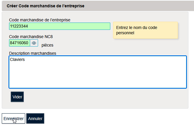 Code marchandise de l’entreprise