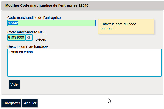 Code marchandise de l’entreprise