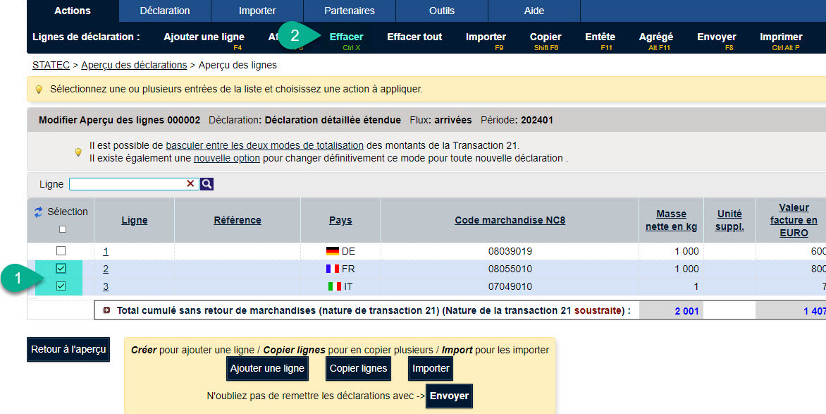Supression des lignes