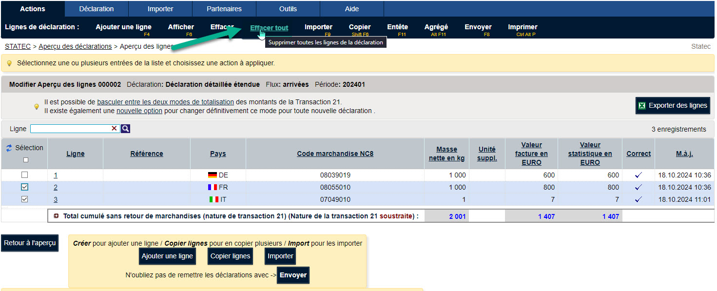 Supression des lignes